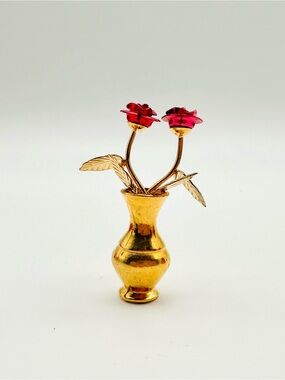 Vintage Brass Miniature Roses in Vase NIB